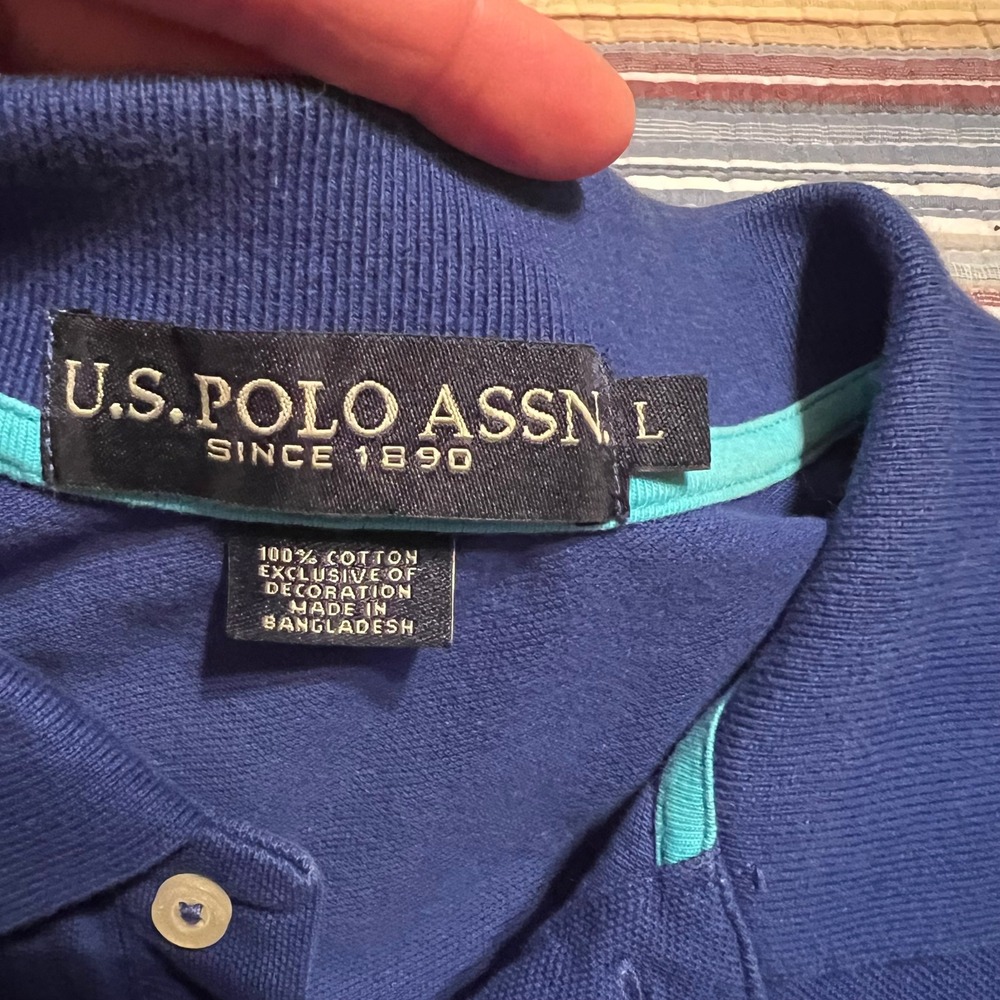 US Polo Assn Polo Shirt Men Large Blue Short Sleeve‎ "3" Logo Pique Cotton - Picture 3 of 7